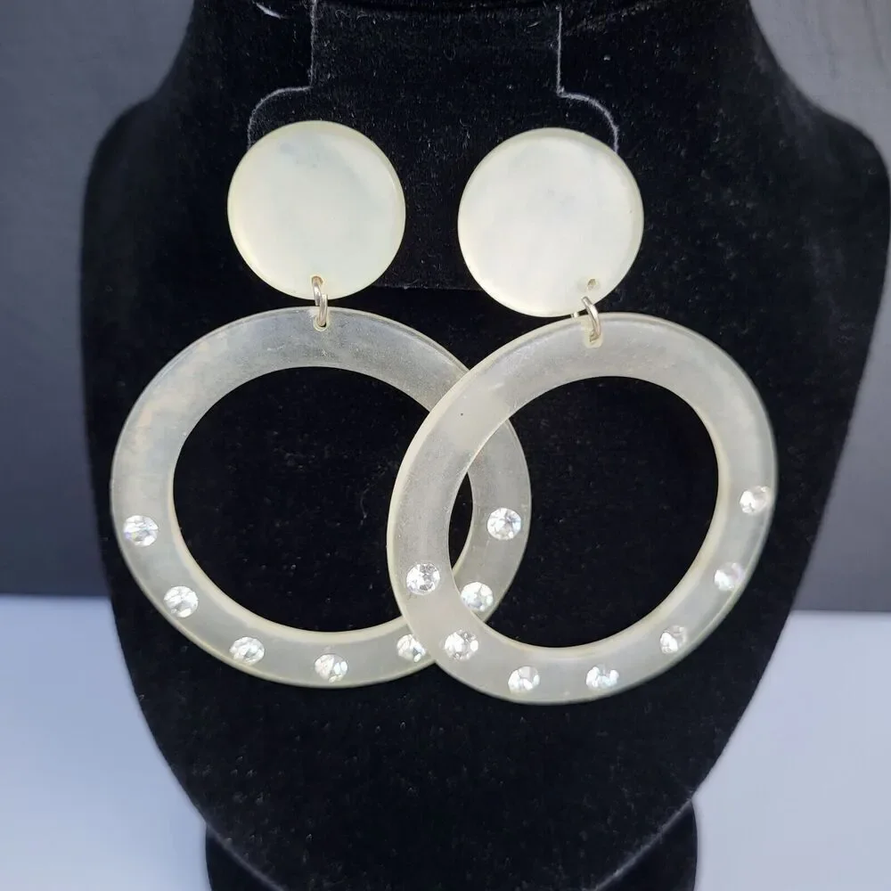 Vintage Frosted Clear Lucite Hoop Dangle Earrings with Rhinestones 3.5 in